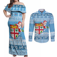 Fiji Christmas Couples Matching Off Shoulder Maxi Dress and Long Sleeve Button Shirt Fijian Masi Marau na Kerisimasi! - Blue