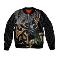 Aotearoa Kowhai Tui Bird Bomber Jacket Maori Ngaru With Silver Fern LT14 Unisex Black - Polynesian Pride
