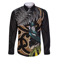 Aotearoa Kowhai Tui Bird Family Matching Mermaid Dress and Hawaiian Shirt Maori Ngaru With Silver Fern LT14 Dad's Shirt - Long Sleeve Black - Polynesian Pride