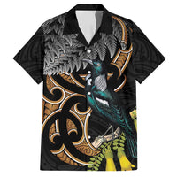 Aotearoa Kowhai Tui Bird Family Matching Puletasi and Hawaiian Shirt Maori Ngaru With Silver Fern LT14 Dad's Shirt - Short Sleeve Black - Polynesian Pride
