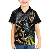 Aotearoa Kowhai Tui Bird Family Matching Short Sleeve Bodycon Dress and Hawaiian Shirt Maori Ngaru With Silver Fern LT14 Son's Shirt Black - Polynesian Pride