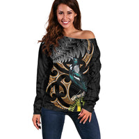 Aotearoa Kowhai Tui Bird Off Shoulder Sweater Maori Ngaru With Silver Fern