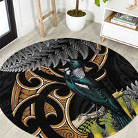 Aotearoa Kowhai Tui Bird Round Carpet Maori Ngaru With Silver Fern