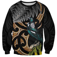 Aotearoa Kowhai Tui Bird Sweatshirt Maori Ngaru With Silver Fern LT14 Unisex Black - Polynesian Pride