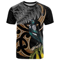 Aotearoa Kowhai Tui Bird T Shirt Maori Ngaru With Silver Fern LT14 Black - Polynesian Pride