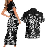 Black Ngaru Taniko With Aotearoa Maori Tattoo Couples Matching Short Sleeve Bodycon Dress and Hawaiian Shirt LT14 - Polynesian Pride