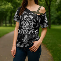 Black Ngaru Taniko With Aotearoa Maori Tattoo Cross Shoulder Shirt - Polynesian Pride