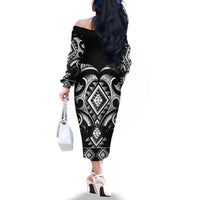 Black Ngaru Taniko With Aotearoa Maori Tattoo Family Matching Off The Shoulder Long Sleeve Dress and Hawaiian Shirt