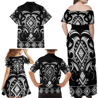 Black Ngaru Taniko With Aotearoa Maori Tattoo Family Matching Off Shoulder Maxi Dress and Hawaiian Shirt