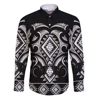 Black Ngaru Taniko With Aotearoa Maori Tattoo Family Matching Tank Maxi Dress and Hawaiian Shirt LT14 Dad's Shirt - Long Sleeve Black - Polynesian Pride