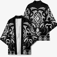 Black Ngaru Taniko With Aotearoa Maori Tattoo Kimono - Polynesian Pride