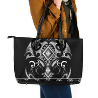 Black Ngaru Taniko With Aotearoa Maori Tattoo Leather Tote Bag LT14 - Polynesian Pride