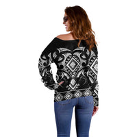Black Ngaru Taniko With Aotearoa Maori Tattoo Off Shoulder Sweater