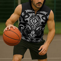 Black Ngaru Taniko With Aotearoa Maori Tattoo Sleeveless Zip Hoodie - Polynesian Pride