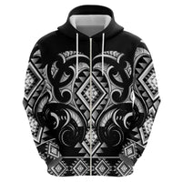 Black Ngaru Taniko With Aotearoa Maori Tattoo Zip Hoodie