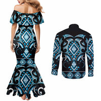 Blue Ngaru Taniko With Aotearoa Maori Tattoo Couples Matching Mermaid Dress and Long Sleeve Button Shirt