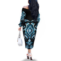 Blue Ngaru Taniko With Aotearoa Maori Tattoo Family Matching Off The Shoulder Long Sleeve Dress and Hawaiian Shirt