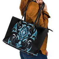 Blue Ngaru Taniko With Aotearoa Maori Tattoo Leather Tote Bag LT14 - Polynesian Pride