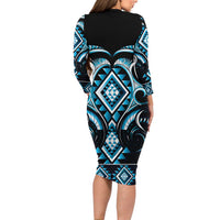 Blue Ngaru Taniko With Aotearoa Maori Tattoo Long Sleeve Bodycon Dress