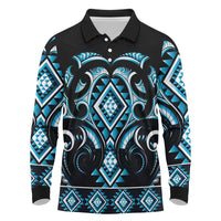 Blue Ngaru Taniko With Aotearoa Maori Tattoo Long Sleeve Polo Shirt