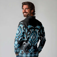 Blue Ngaru Taniko With Aotearoa Maori Tattoo Long Sleeve Polo Shirt