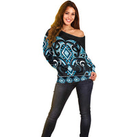 Blue Ngaru Taniko With Aotearoa Maori Tattoo Off Shoulder Sweater