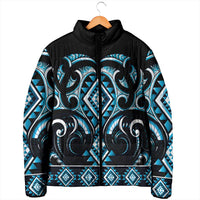 Blue Ngaru Taniko With Aotearoa Maori Tattoo Padded Jacket - Polynesian Pride