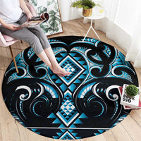 Blue Ngaru Taniko With Aotearoa Maori Tattoo Round Carpet