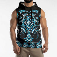 Blue Ngaru Taniko With Aotearoa Maori Tattoo Sleeveless Hoodie - Polynesian Pride