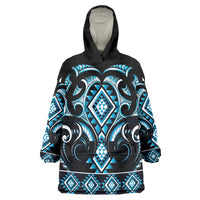 Blue Ngaru Taniko With Aotearoa Maori Tattoo Wearable Blanket Hoodie