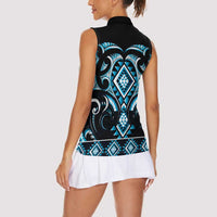 Blue Ngaru Taniko With Aotearoa Maori Tattoo Women Sleeveless Polo Shirt