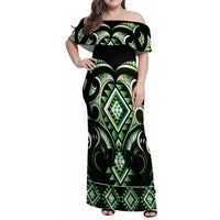 Green Ngaru Taniko With Aotearoa Maori Tattoo Family Matching Off Shoulder Maxi Dress and Hawaiian Shirt