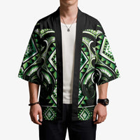 Green Ngaru Taniko With Aotearoa Maori Tattoo Kimono - Polynesian Pride
