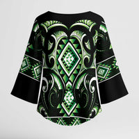 Green Ngaru Taniko With Aotearoa Maori Tattoo Kimono Sleeve Blouse - Polynesian Pride