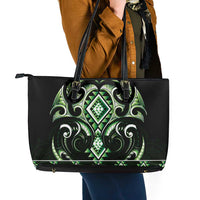 Green Ngaru Taniko With Aotearoa Maori Tattoo Leather Tote Bag LT14 - Polynesian Pride