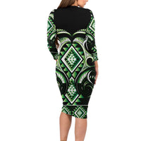 Green Ngaru Taniko With Aotearoa Maori Tattoo Long Sleeve Bodycon Dress