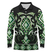 Green Ngaru Taniko With Aotearoa Maori Tattoo Long Sleeve Polo Shirt LT14 Green - Polynesian Pride