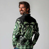 Green Ngaru Taniko With Aotearoa Maori Tattoo Long Sleeve Polo Shirt LT14 - Polynesian Pride