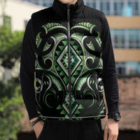 Green Ngaru Taniko With Aotearoa Maori Tattoo Sleeveless Puffer Jacket - Polynesian Pride