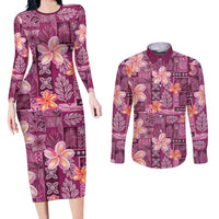 Pink Hawaii Plumeria With Tropical Flowers Motifs Couples Matching Long Sleeve Bodycon Dress and Long Sleeve Button Shirt