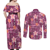 Pink Hawaii Plumeria With Tropical Flowers Motifs Couples Matching Off Shoulder Maxi Dress and Long Sleeve Button Shirt LT14 - Polynesian Pride