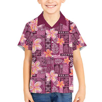 Pink Hawaii Plumeria With Tropical Flowers Motifs Kid Hawaiian Shirt
