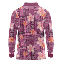Pink Hawaii Plumeria With Tropical Flowers Motifs Long Sleeve Polo Shirt
