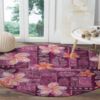 Pink Hawaii Plumeria With Tropical Flowers Motifs Round Carpet