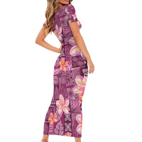 Pink Hawaii Plumeria With Tropical Flowers Motifs Short Sleeve Bodycon Dress LT14 - Polynesian Pride