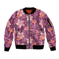 Pink Hawaii Plumeria With Tropical Flowers Motifs Sleeve Zip Bomber Jacket