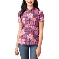 Pink Hawaii Plumeria With Tropical Flowers Motifs Women Polo Shirt