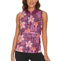 Pink Hawaii Plumeria With Tropical Flowers Motifs Women Sleeveless Polo Shirt