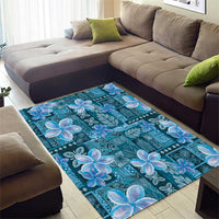 Cyan Hawaii Plumeria With Tropical Flowers Motifs Area Rug