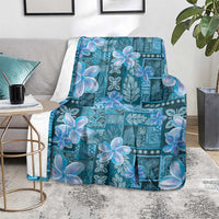Cyan Hawaii Plumeria With Tropical Flowers Motifs Blanket